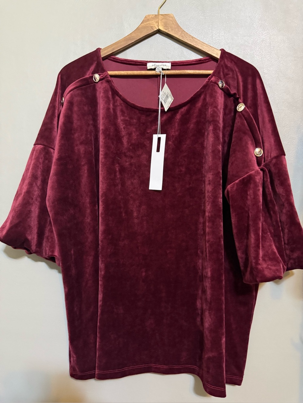 Velvet Button-Shoulder Women's Top - Burgundy